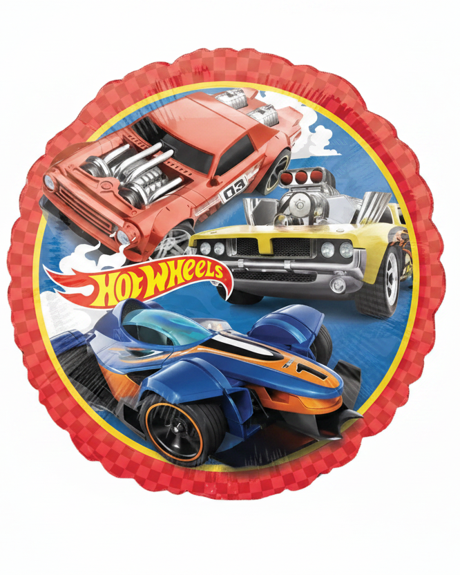 Hot Wheels balloon with three toy cars on a white background