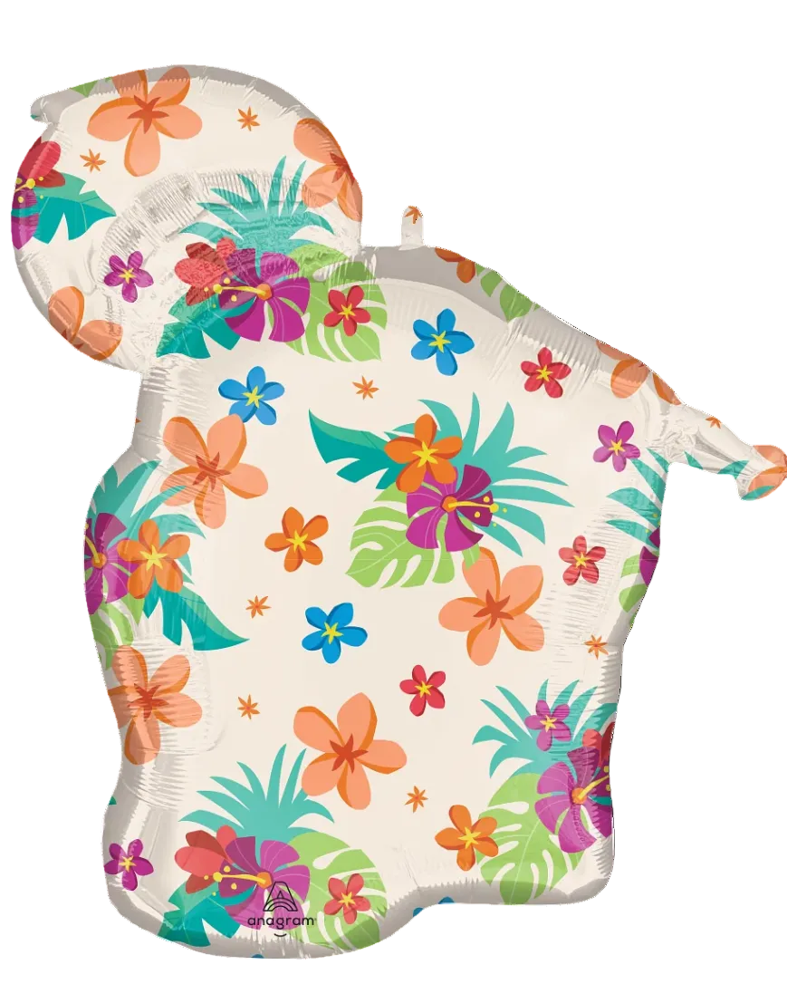 Decorative balloon shaped like a dog with colorful floral pattern on a white background