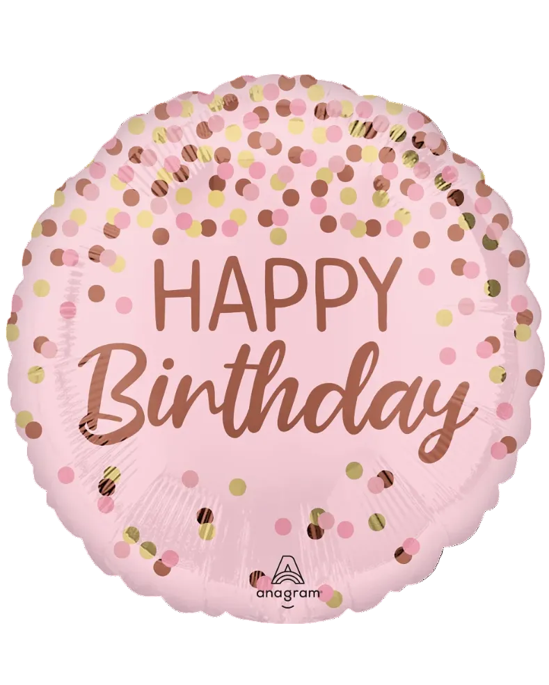 Pink birthday balloon with 'Happy Birthday' text and confetti