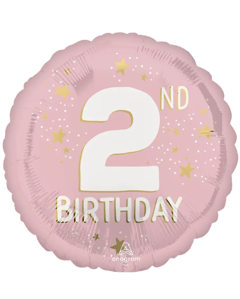 Pink balloon with '2nd Birthday' text and gold stars on a white background