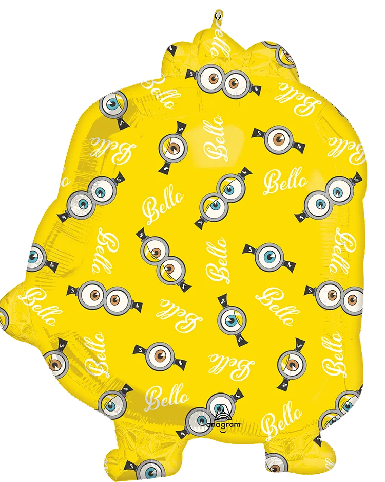 Yellow balloon shaped like a dog with 'Belle' pattern on a white background