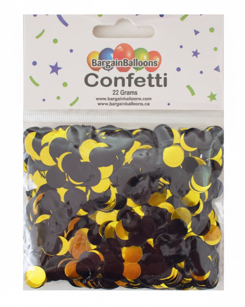 Packaged confetti with black, yellow, and orange colors on a white background with 'Bargain Balloons' branding.