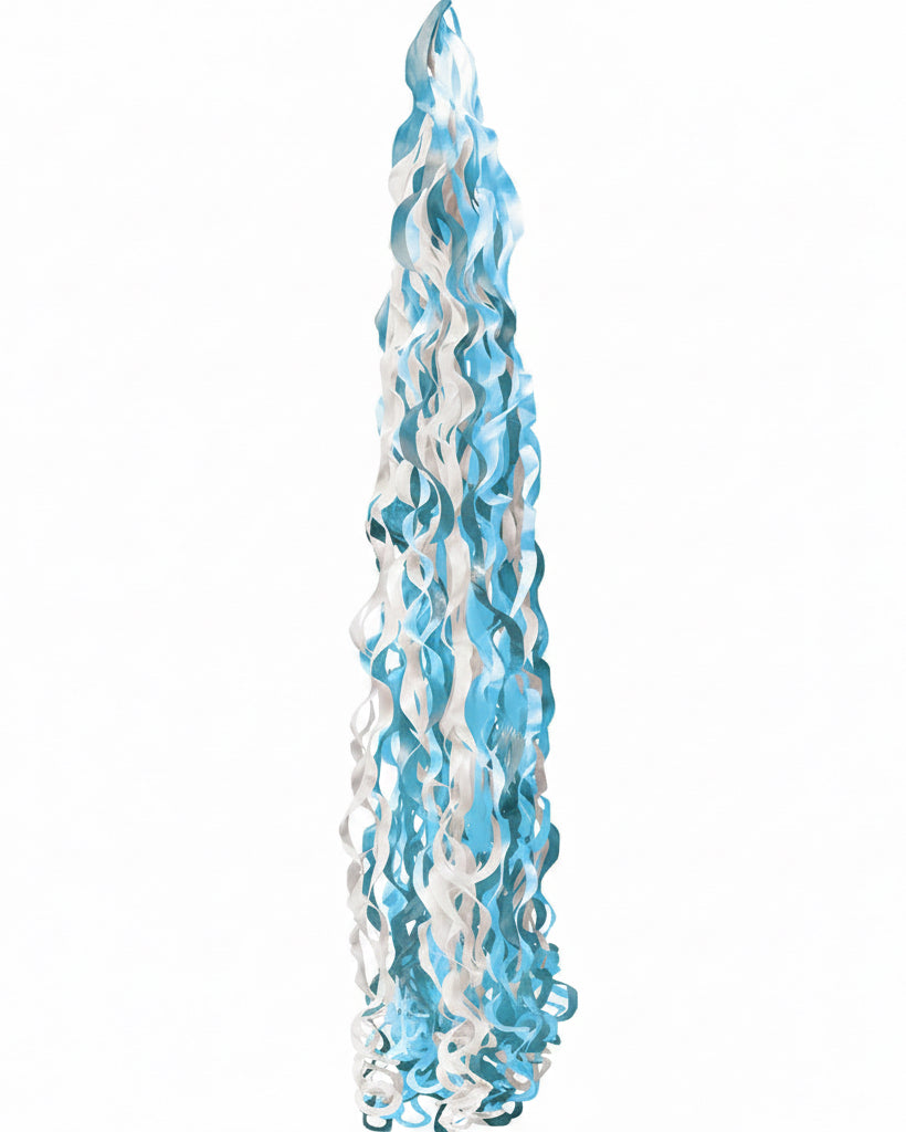 Decorative candle with blue and white swirls on a white background