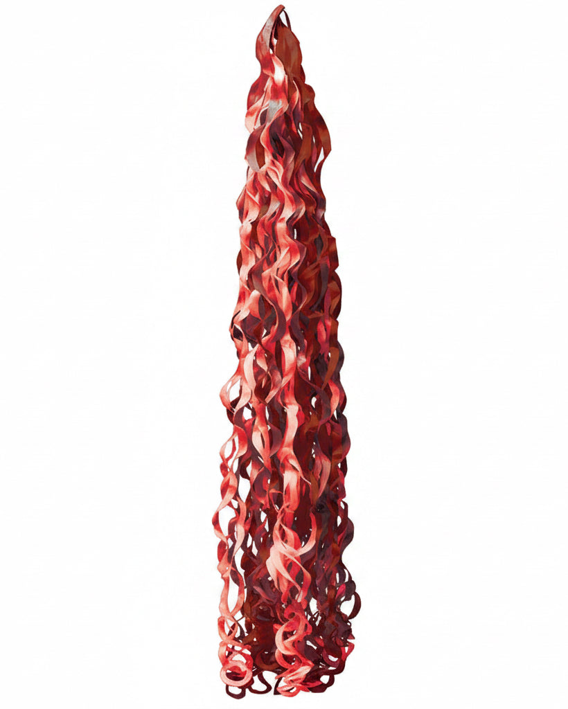 Red and black twisted ribbon-like object on a white background