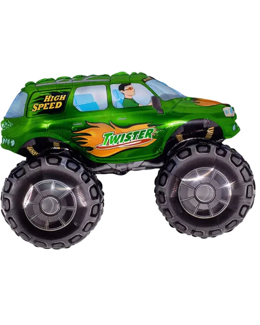 Toy monster truck with large wheels and colorful design on a white background