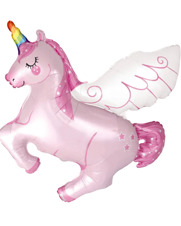 Pink unicorn balloon with rainbow hair on a white background