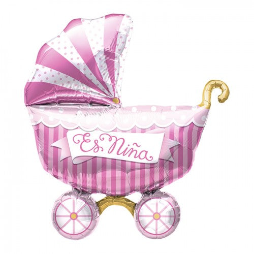Pink and white striped balloon shaped like a baby carriage with 'Es Nina' text on a white background