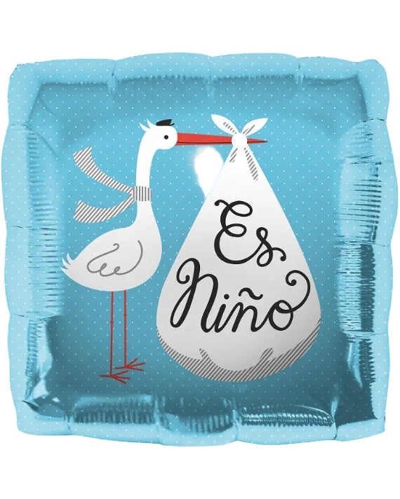 Balloon with stork and 'Es Niño' message on a blue background