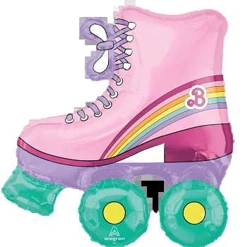 Pink roller skate-shaped balloon with rainbow design on a white background