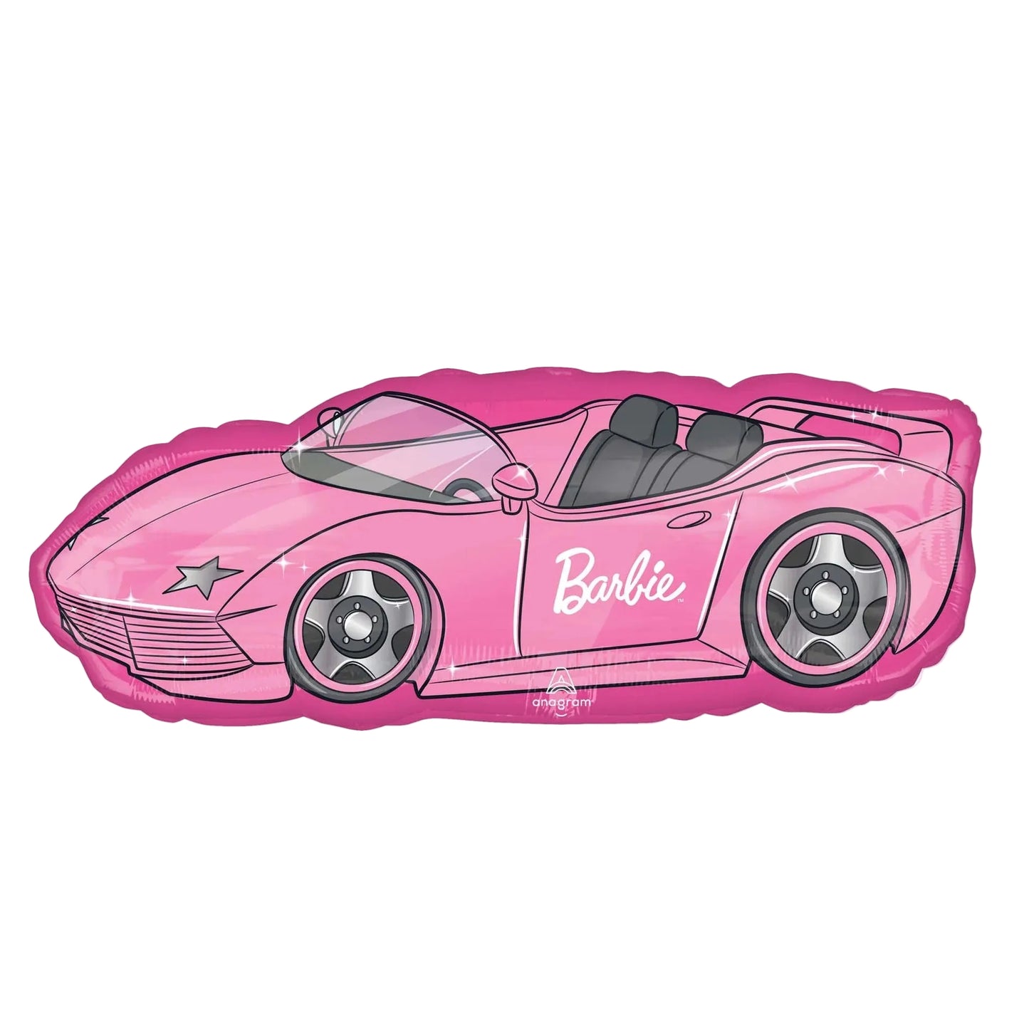 Pink Barbie car-shaped balloon on a white background