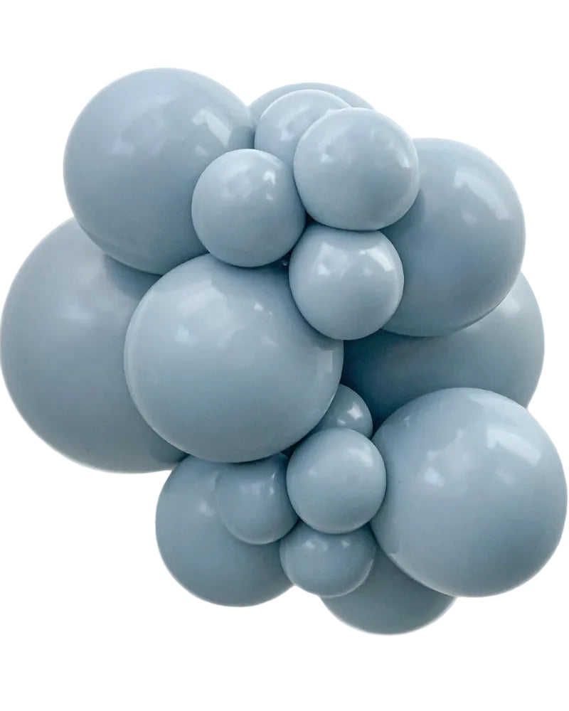 Cluster of light blue balloons on a white background