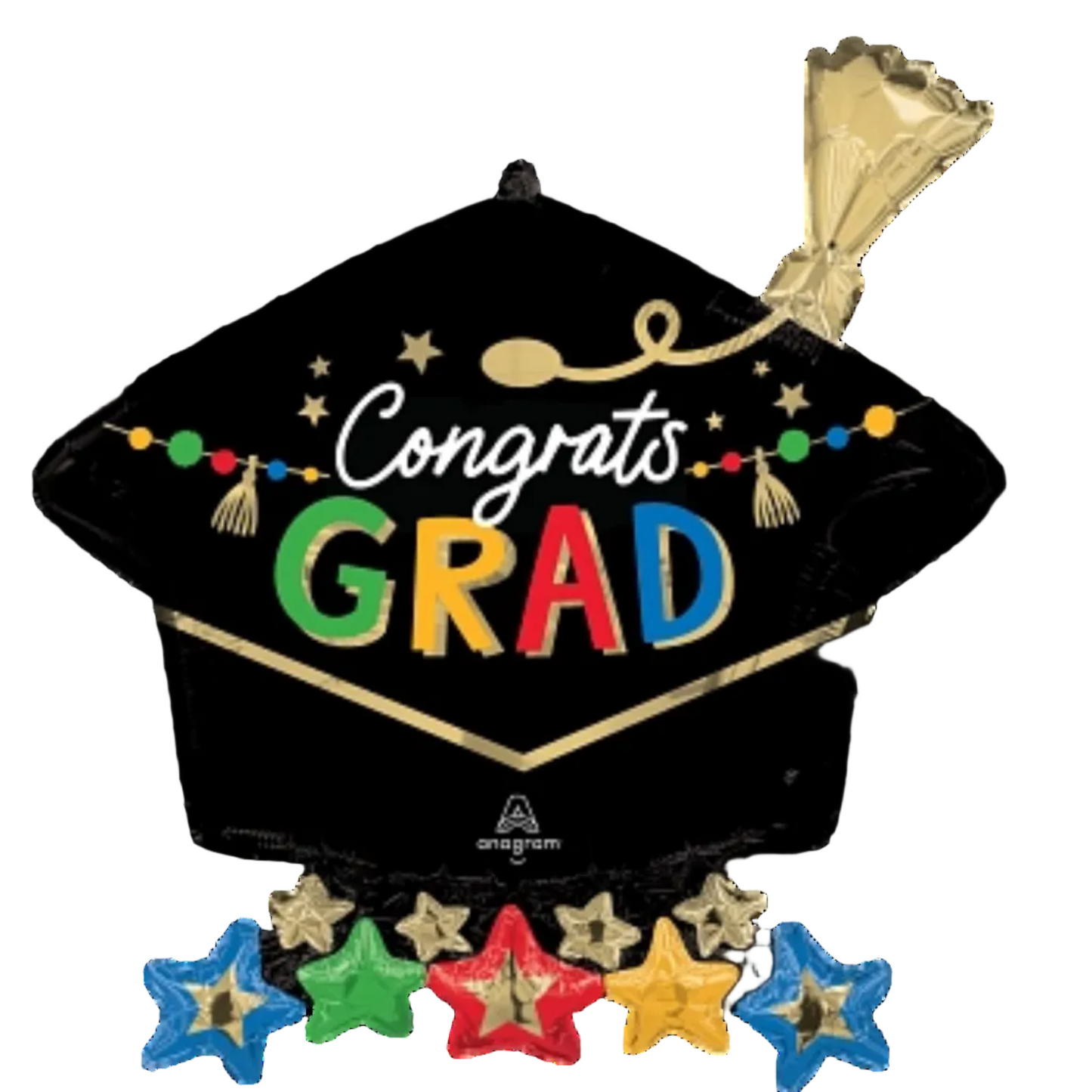 Graduation-themed balloon with 'Congrats Grad' text and colorful stars on a white background