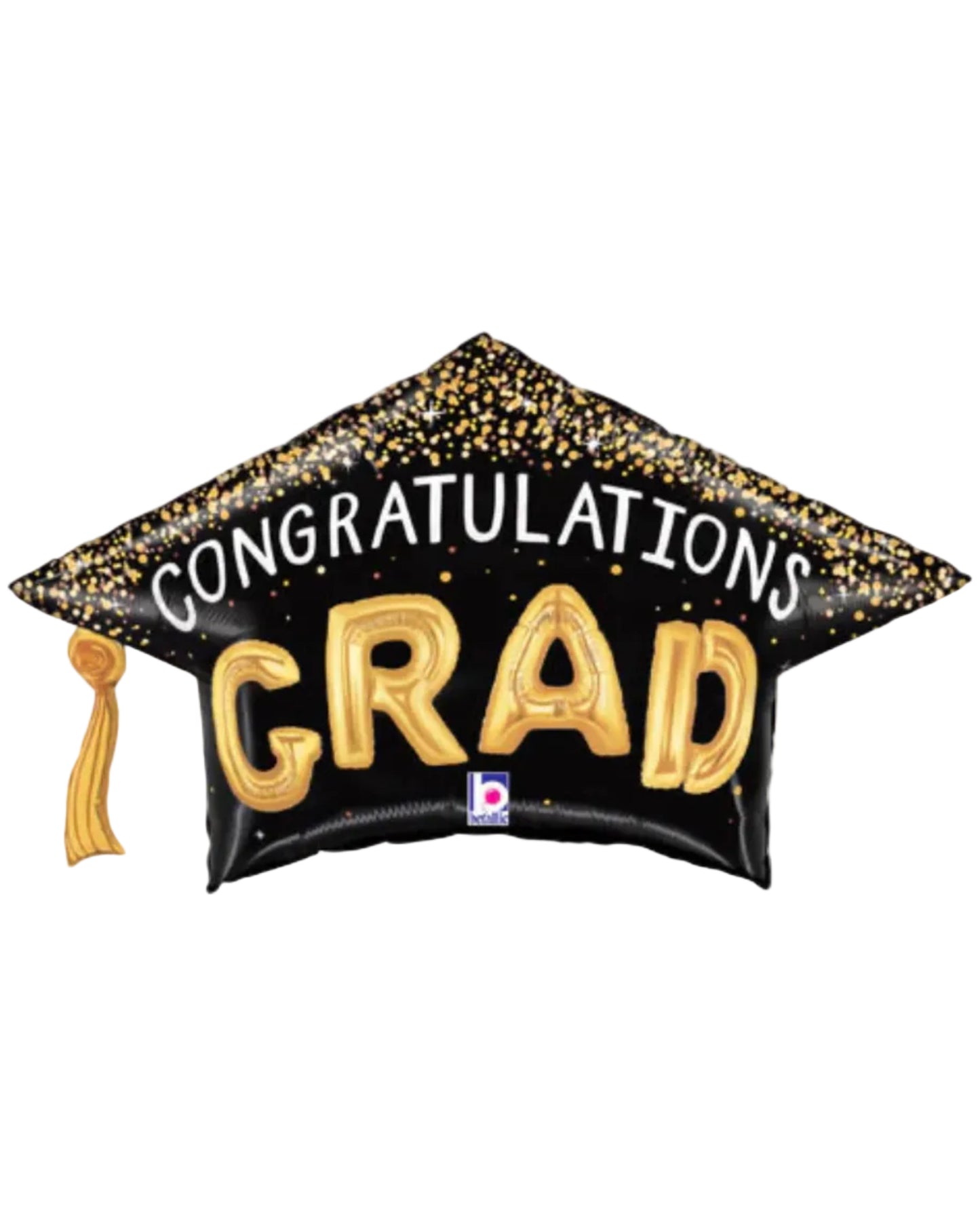 Graduation-themed balloon with 'Congratulations Grad' text on a white background