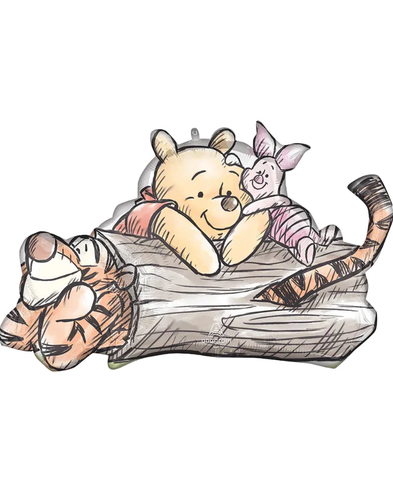 Illustration of Pooh, Piglet, and Tigger lying on a rock with a white background