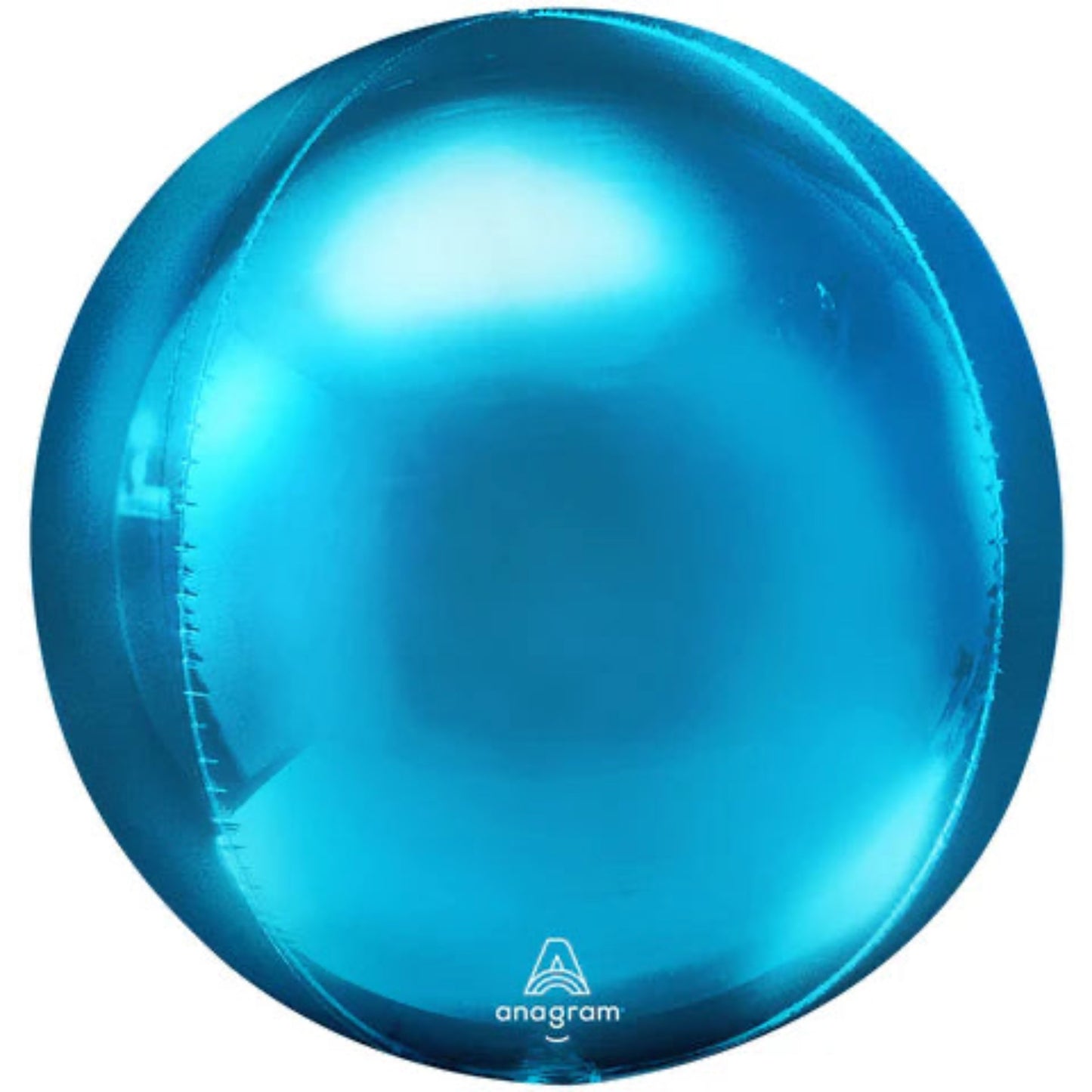 Blue metallic balloon with a brand logo on a white background