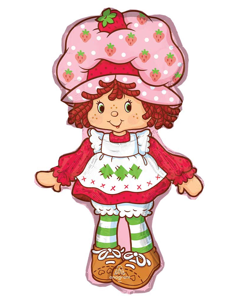 Cartoon character with a strawberry-themed hat on a white background