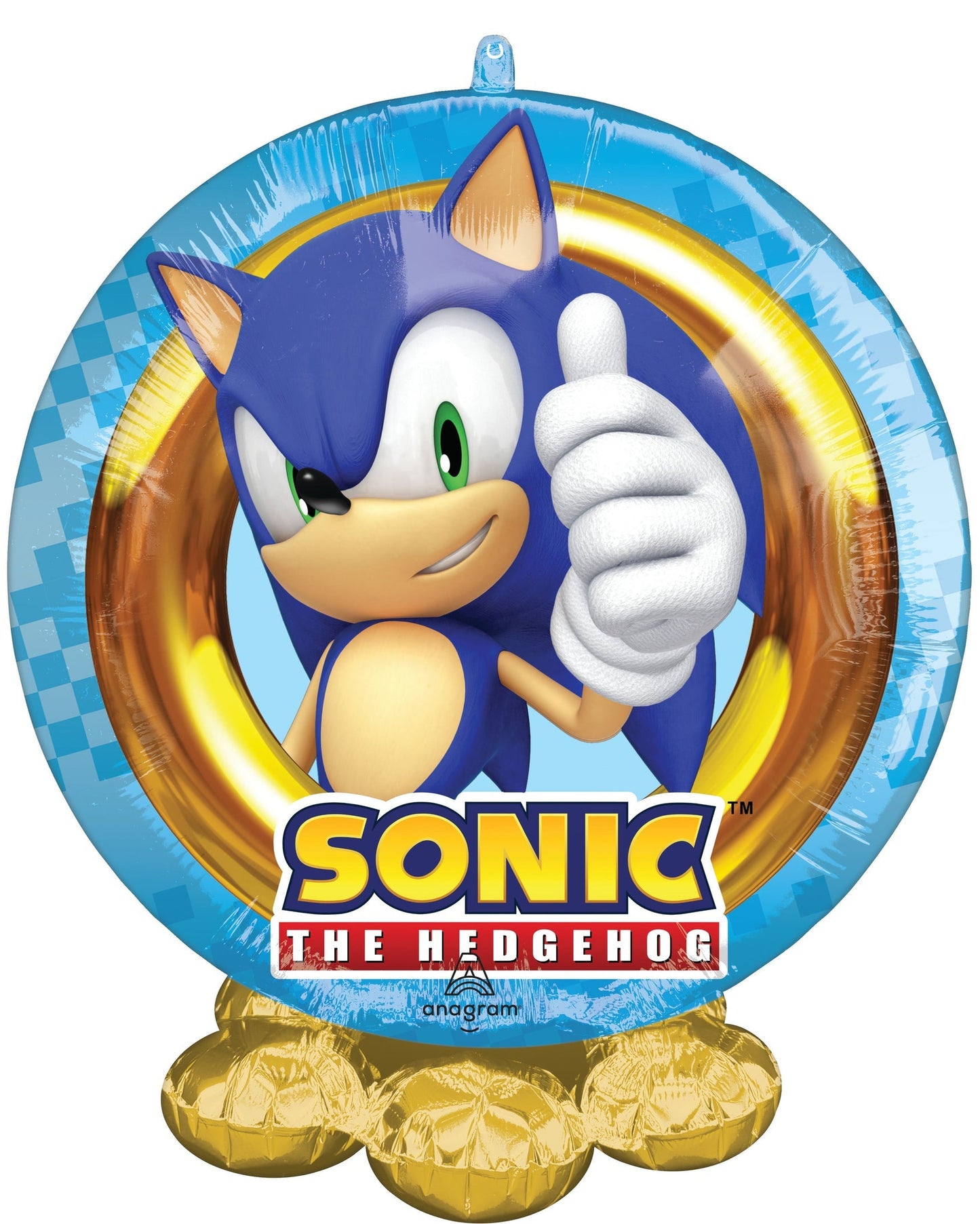 Sonic the Hedgehog balloon with character and branding on a white background