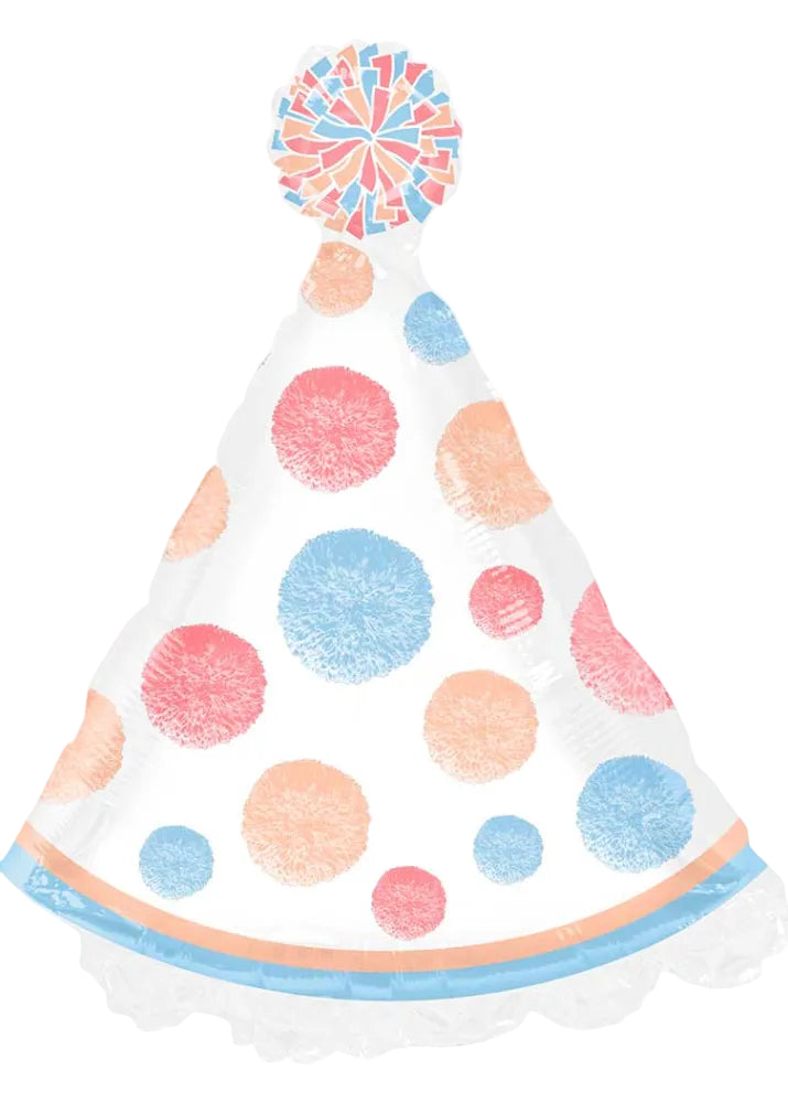 Colorful party hat with polka dot pattern on a white background