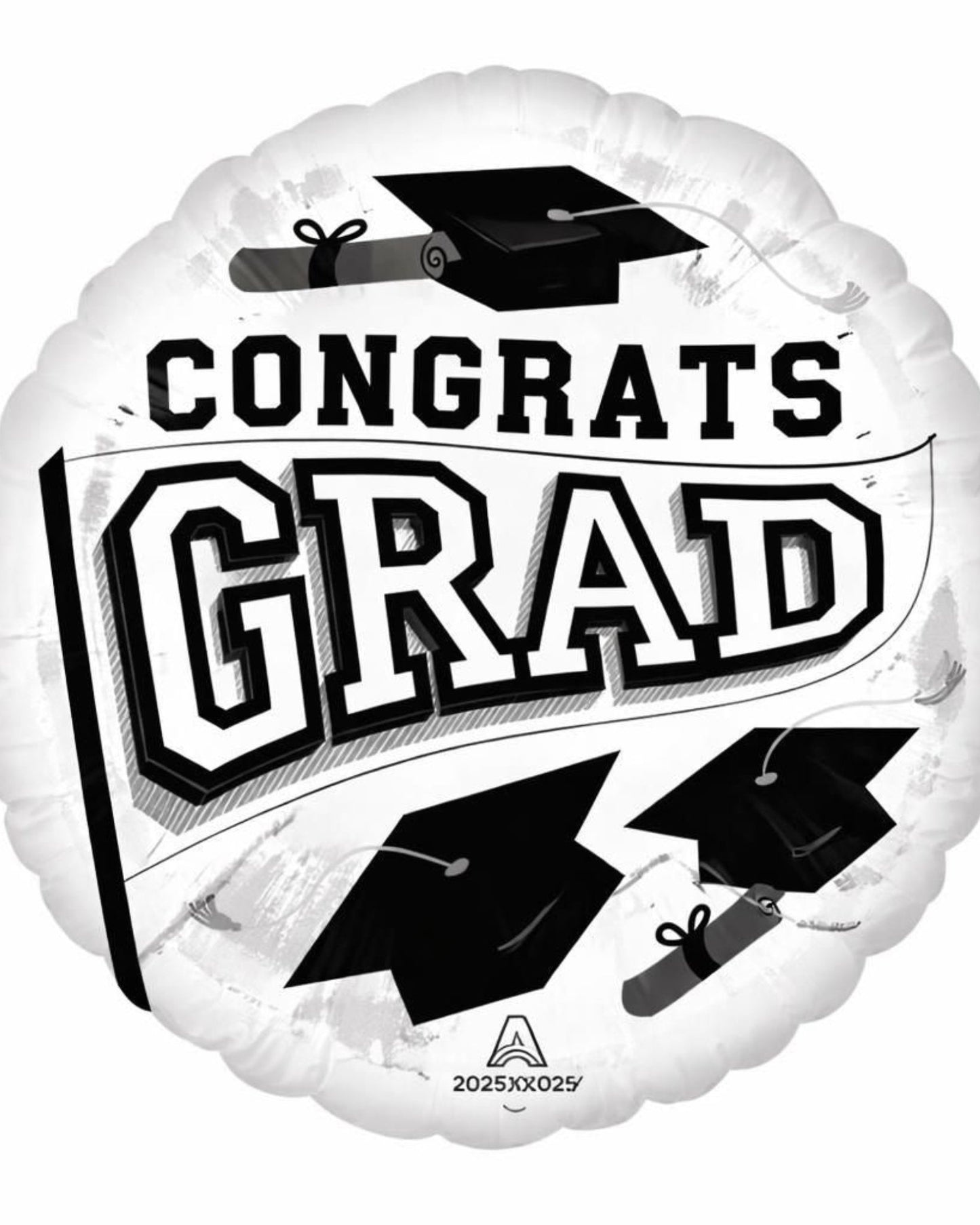 Graduation-themed balloon with 'Congrats Grad' text and black graduation caps on a white background