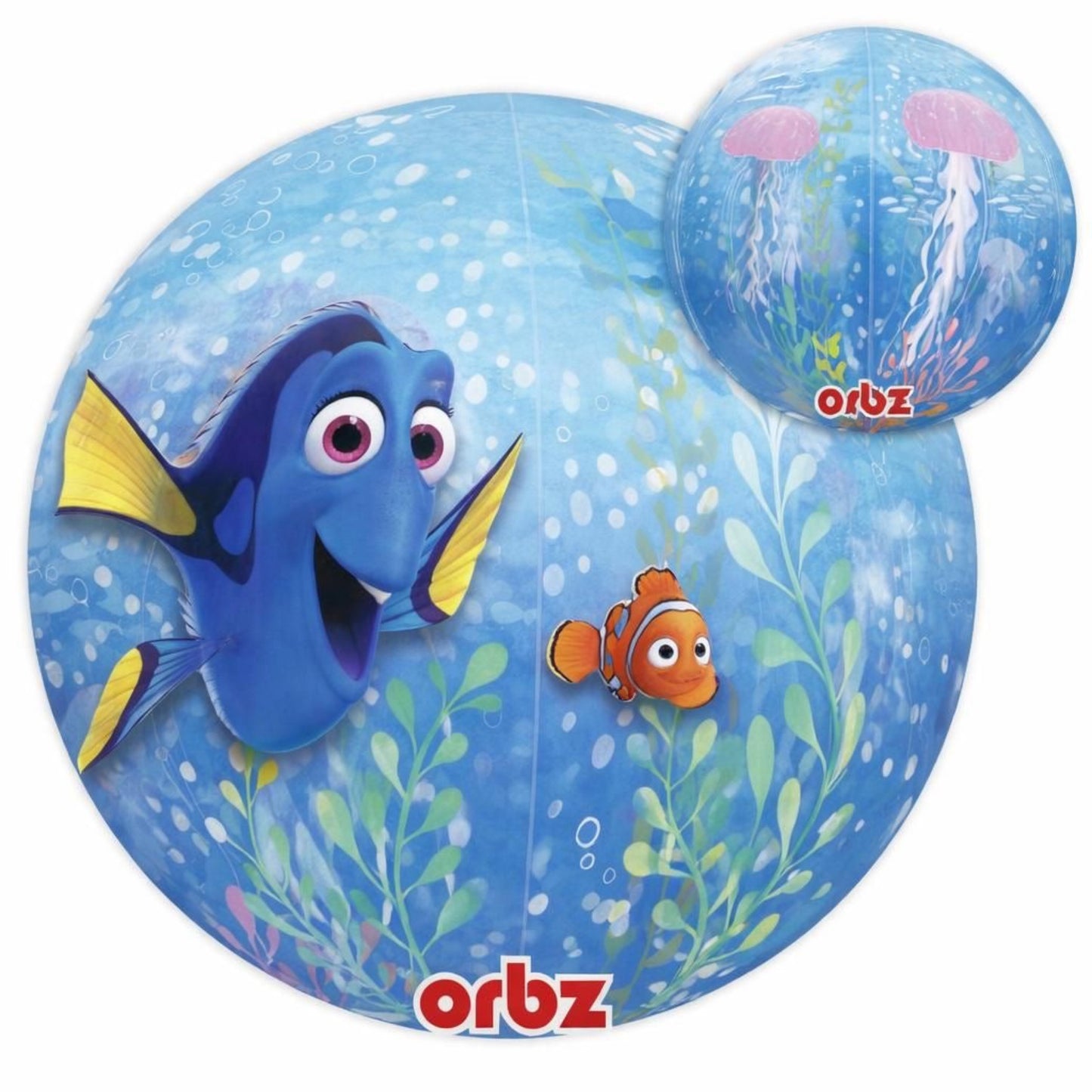 Orbz inflatable ball with cartoon fish characters on a blue background