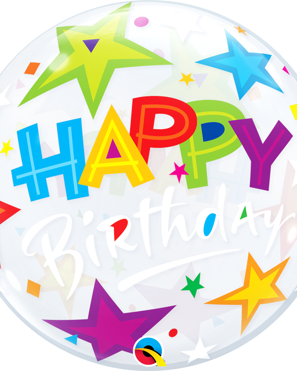 Transparent balloon with colorful 'Happy Birthday' text and stars on a white background