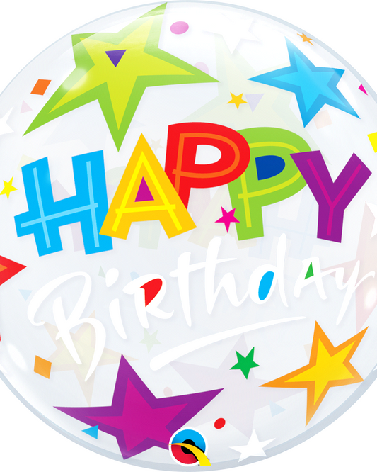 Transparent balloon with colorful 'Happy Birthday' text and stars on a white background