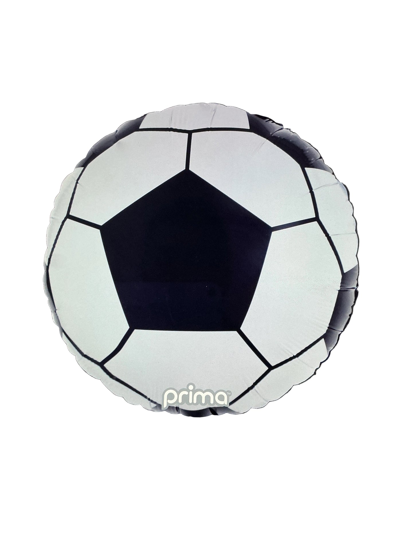 Soccer ball-shaped balloon with 'prima' branding on a white background