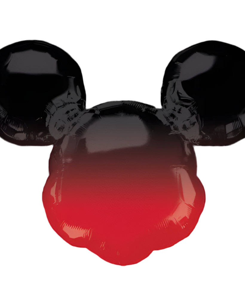Black and red balloon shaped like a classic cartoon character's head on a white background