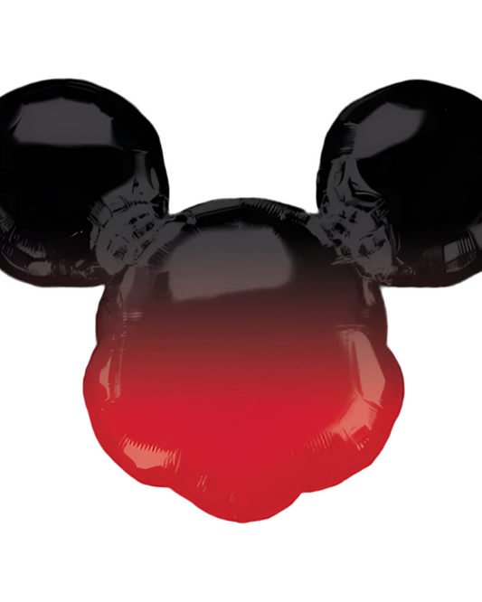 Black and red balloon shaped like a classic cartoon character's head on a white background