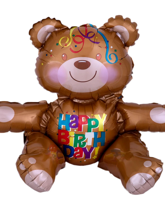 Brown bear-shaped balloon with 'Happy Birthday' text on a white background