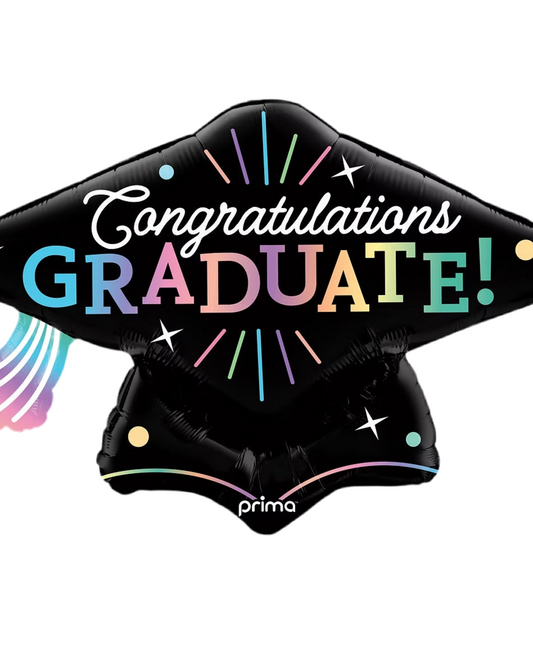 Black graduation cap balloon with 'Congratulations Graduate!' text and colorful accents on a white background