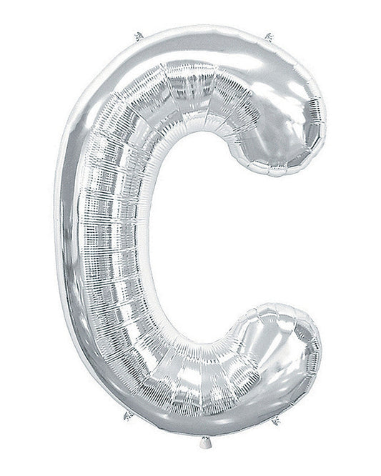 Silver letter 'C' balloon on a white background