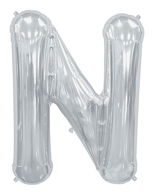 SILVER  balloon letter 'N' on a white background
