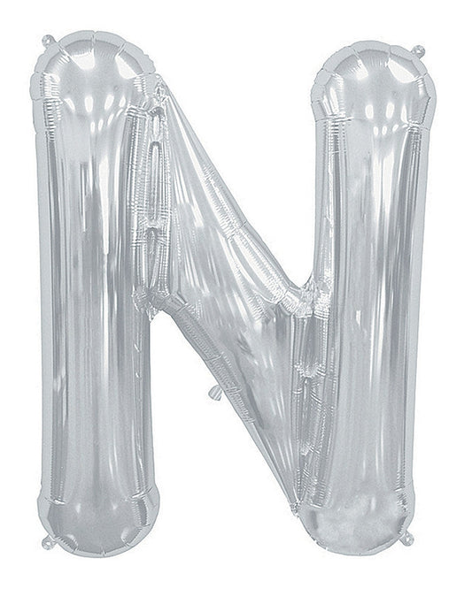 SILVER  balloon letter 'N' on a white background
