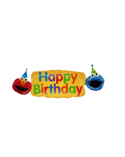 Colorful 'Happy Birthday' balloon with Elmo and Cookie Monster on a white background