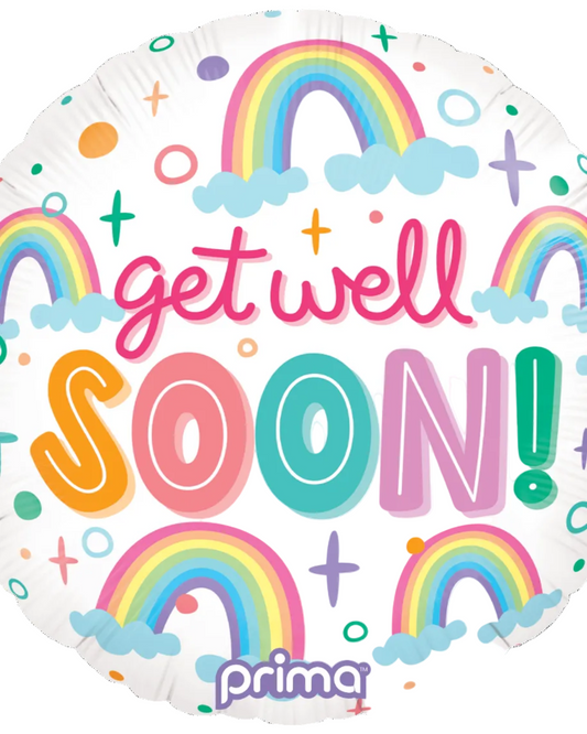 Colorful 'get well soon!' balloon with rainbows and clouds on a white background