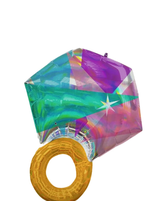 Colorful diamond-shaped balloon with a gold ring on a white background