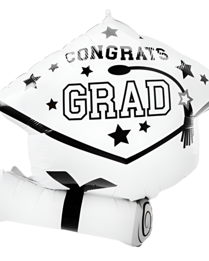 Graduation-themed balloon with 'Congrats Grad' text on a white background
