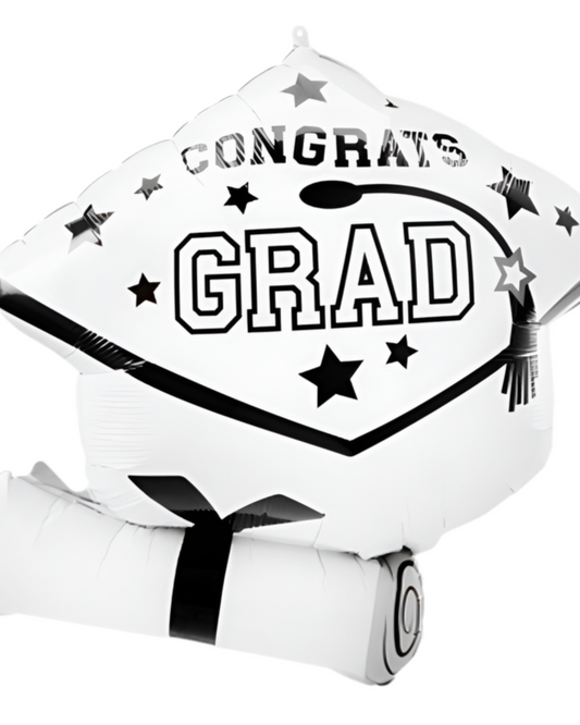 Graduation-themed balloon with 'Congrats Grad' text on a white background