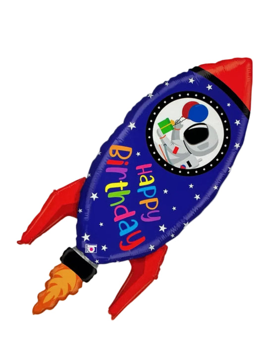 Colorful balloon shaped like a rocket with 'Happy Birthday' text on a white background