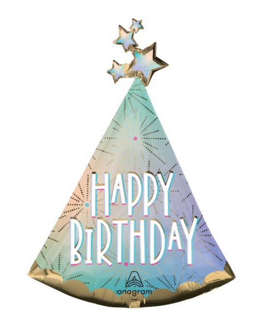 Holographic birthday hat with 'Happy Birthday' text and star decorations on a white background