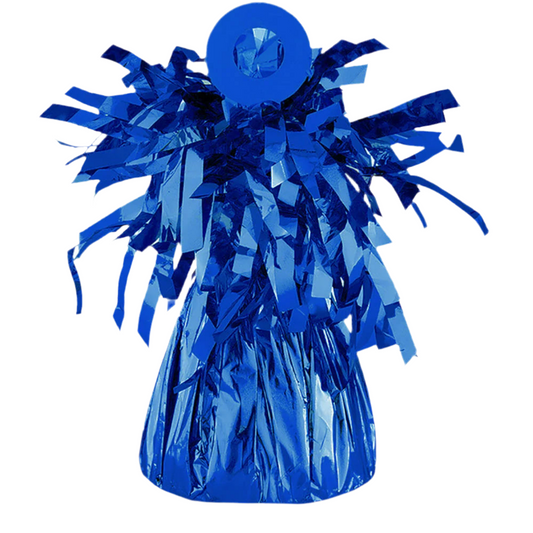 Blue tinsel pom-pom decoration on a white background