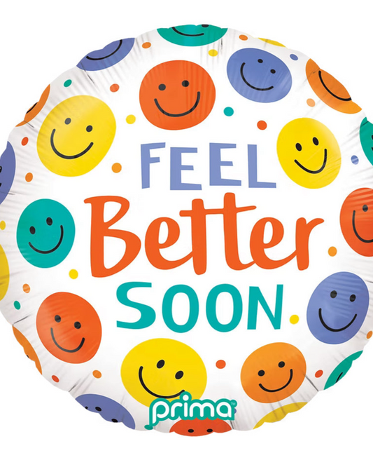 Colorful balloon with smiley faces and 'Feel Better Soon' text on a white background