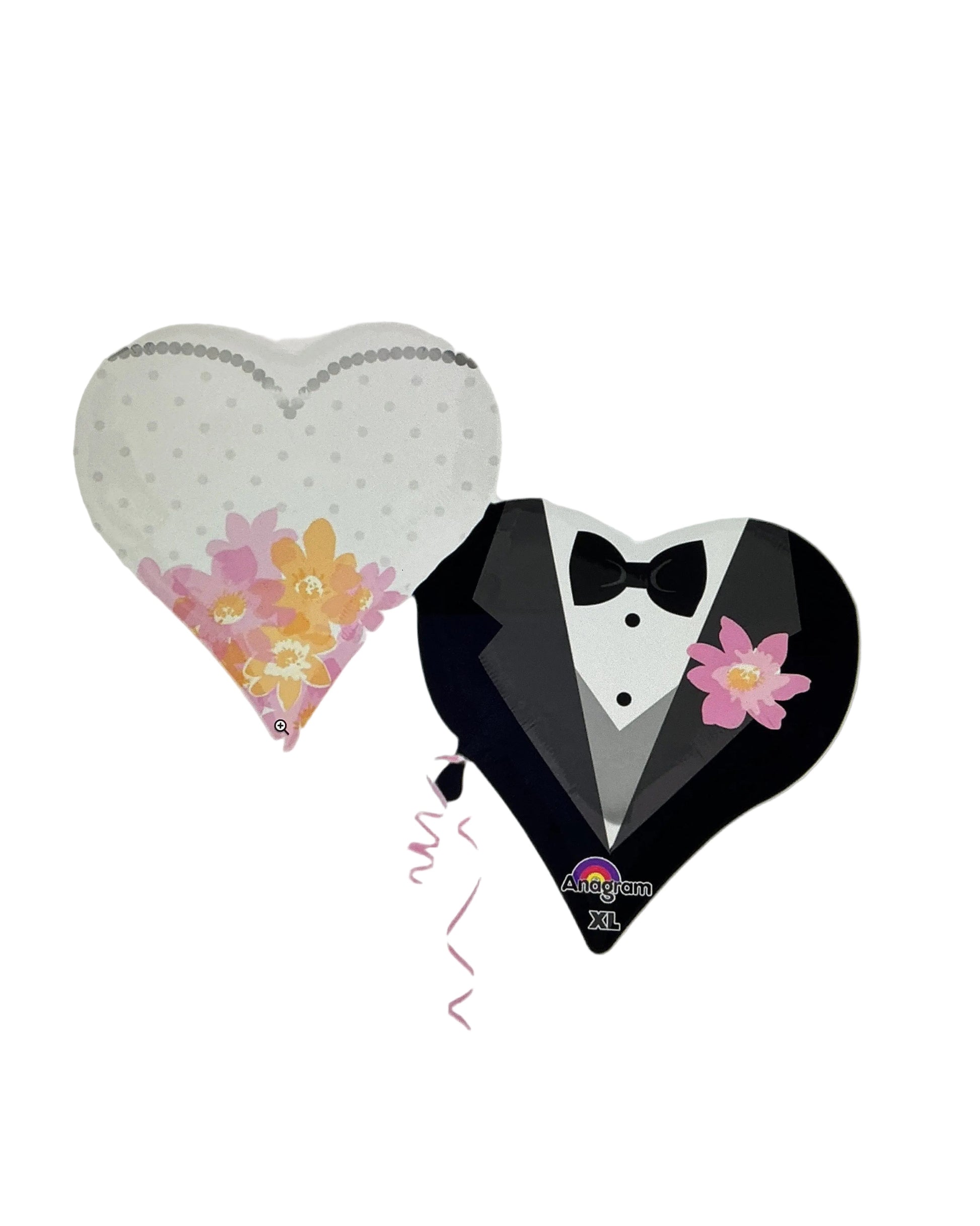 Heart-shaped balloons with floral designs on a white background