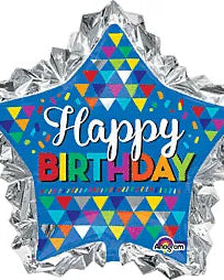 Star-shaped birthday balloon with colorful 'Happy Birthday' text on a white background