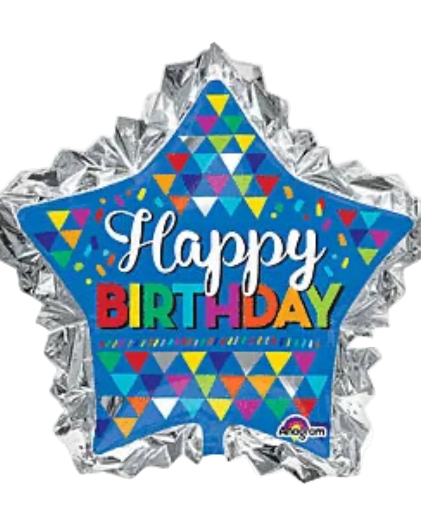 Star-shaped birthday balloon with colorful 'Happy Birthday' text on a white background