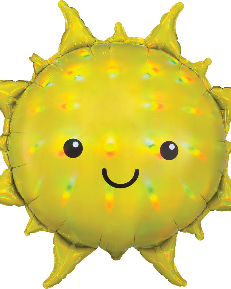 Yellow sun-shaped balloon with a smiley face on a white background