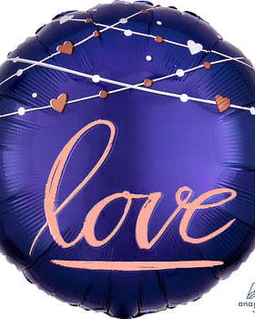 Navy blue balloon with 'love' in pink text and heart decorations on a white background