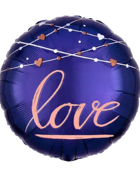 Navy blue balloon with 'love' in pink text and heart decorations on a white background