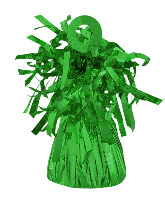 Green tinsel balloon weight on a white background